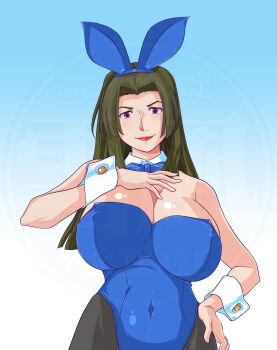 1girl absurdres animal_ears breasts brown_eyes fake_animal_ears forehead green_hair highres huge_breasts lips lipstick long_hair makeup manyuu_hikenchou playboy_bunny toyo_(manyuu_hikenchou)