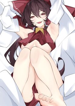 Rule 34 | 1girl, absurdres, armpits, ascot, barefoot, bow, breasts, brown hair, clothes lift, commentary request, detached sleeves, frilled bow, frilled hair tubes, frills, hair bow, hair tubes, hakurei reimu, highres, large breasts, long hair, looking at viewer, no bra, open mouth, red bow, red eyes, red skirt, shirt lift, skirt, skirt set, smile, solo, teeth, toes, touhou, unanooo (fthx7532), underboob, upper teeth only, yellow ascot