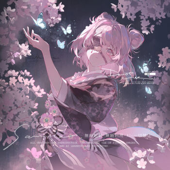 Rule 34 | 1girl, absurdres, blue butterfly, bow, bug, butterfly, cherry blossoms, closed mouth, double bun, eyelashes, eyepatch, facial mark, falling petals, flower, hair bun, hair intakes, highres, insect, japanese clothes, kimono, looking at viewer, one eye covered, original, petals, pink bow, pink eyes, pink flower, pink hair, pink kimono, pink petals, sample watermark, sidelocks, solo, watermark, yuuuzu (jufan)