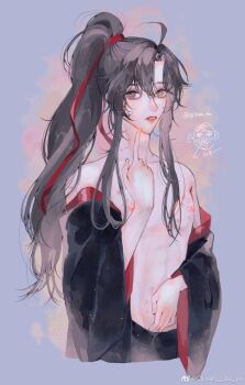 1boy ahoge bare_pectorals bare_shoulders bishounen bite_mark black_hair black_hanfu black_pants chinese_clothes collarbone doodle_inset grey_eyes hair_ribbon hand_on_own_stomach hanfu hickey highres implied_yaoi light_particles long_hair looking_at_viewer male_focus modao_zushi navel nipples off_shoulder ojisan_rbt open_clothes open_robe pants parted_lips pectorals pointing pointing_at_self ponytail red_ribbon ribbon robe sidelocks solo topless_male twitter_username upper_body watermark wei_wuxian weibo_watermark wide_sleeves