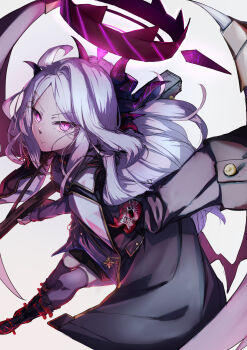 Rule 34 | 1girl, absurdres, ahoge, armband, black boots, black halo, black jacket, black thighhighs, blue archive, boots, closed mouth, coat, coat on shoulders, commentary request, demon girl, demon horns, demon wings, fighting stance, forehead, foreshortening, full body, grey hair, gun, hair ornament, hairclip, halo, highres, hina (blue archive), holding, holding gun, holding weapon, horns, jacket, kisaragi yayoi (ksrg yayoi), lace-up boots, long hair, looking at viewer, low wings, parallel hairclips, parted bangs, red armband, serious, simple background, slit pupils, solo, standing, thighhighs, tsurime, v-shaped eyebrows, very long hair, weapon, white background, wings