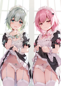 2girls absurdres alternate_costume apron black_dress bow bow_panties bowtie breasts cameltoe cleavage closed_mouth clothes_lift cowboy_shot dress dress_lift enmaided garter_belt green_bow green_bowtie green_eyes green_hair hair_ornament heart heart_hair_ornament highres komeiji_koishi komeiji_satori looking_at_viewer maid maid_apron maid_headdress miyase_mahiro multiple_girls navel open_mouth panties pink_bow pink_bowtie pink_eyes pink_hair puffy_short_sleeves puffy_sleeves short_hair short_sleeves siblings sisters sleeve_bow small_breasts thighhighs touhou underwear white_apron white_panties white_thighhighs wrist_cuffs