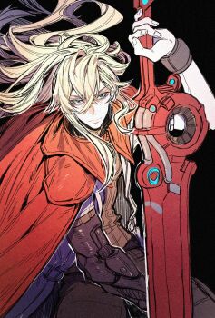 1boy aged_up black_background black_pants blue_eyes cape closed_mouth commentary cyta_celest english_commentary fingernails floating_hair hair_between_eyes highres holding holding_sword holding_weapon long_hair looking_at_viewer male_focus mechanical_arms pants prosthesis prosthetic_arm red_cape shulk_(xenoblade) simple_background single_mechanical_arm solo sword very_long_hair weapon xenoblade_chronicles_(series) xenoblade_chronicles_3 xenoblade_chronicles_3:_future_redeemed