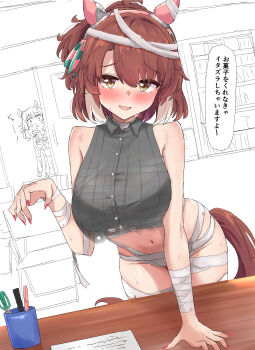 2girls absurdres alternate_costume animal_ears arm_support bandaged_arm bandages bare_shoulders blush breasts brown_hair commentary_request crop_top dantsu_flame_(umamusume) ear_covers gryebooks halloween_costume hand_up highres hishi_miracle_(umamusume) horse_ears horse_girl horse_tail large_breasts long_hair looking_at_viewer multiple_girls navel open_mouth ponytail sketch_background smile solo_focus speech_bubble stomach tail thighs translation_request umamusume white_streaks