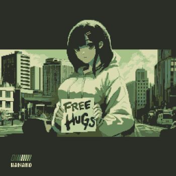 1girl artist_name black_hair blunt_bangs breasts building car closed_mouth free_hugs hair_ornament hairclip highres holding holding_sign hood hoodie large_breasts motor_vehicle original outdoors parallel_hairclips pixel_art road sidelocks sign solo specialhanako street