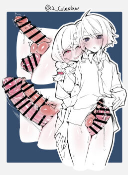 1boy 1futa blush bottomless breasts collared_shirt erection futa_with_male futanari highres huge_penis long_hair looking_at_another medium_penis mirin_chikuwa open_mouth original penis penis_and_testicles_touching penis_size_difference penises_touching precum red_eyes shirt small_breasts smile testicles thigh_sex