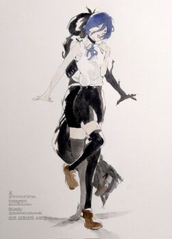 1girl bare_shoulders black_choker black_shorts black_thighhighs blue_eyes bluesky_username bomb_devil_(chainsaw_man) breasts brown_shoes chainsaw_man choker commentary_request dancing dual_persona finger_to_mouth full_body green_eyes hair_between_eyes hair_bun highres instagram_username kuroneko_kuro loafers medium_breasts medium_hair neck_ribbon open_mouth reze_(chainsaw_man) ribbon shirt shoes shorts simple_background sleeveless sleeveless_shirt smile solo standing standing_on_one_leg teeth thighhighs twitter_username updo upper_teeth_only white_shirt