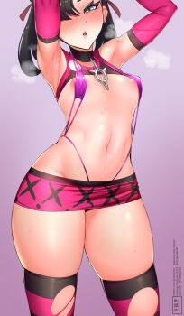 1girl absurdres aqua_eyes areola_slip armpits black_hair blush breasts choker covered_erect_nipples earrings elbow_gloves female_focus gloves hair_over_one_eye highres jewelry looking_at_viewer marnie_(pokemon) microskirt navel nintendo parted_lips pokemon pokemon_swsh sanuki_(kyoudashya) skirt slingshot_swimsuit small_breasts solo steaming_body striped_clothes striped_thighhighs sweat swimsuit thick_thighs thighhighs thighs torn_clothes torn_thighhighs