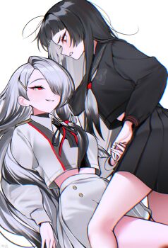 2girls absurdres black_hair black_sailor_collar black_skirt black_streaks collared_shirt colored_inner_hair feet_out_of_frame grey_hair grey_shirt grey_skirt hair_ornament hair_over_one_eye hairclip half-closed_eyes haze_(7h4ze) highres holding_hands long_hair long_sleeves looking_at_another multicolored_hair multiple_girls neckerchief original red_eyes sailor_collar shirt simple_background skirt two-tone_hair white_background white_neckerchief white_shirt yuri