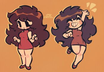 1girl arm_up black_eyes blush_stickers breasts brown_hair commentary dress emocheeto english_commentary friday_night_funkin' girlfriend_(friday_night_funkin') grin highres jumping large_breasts long_hair multiple_views notice_lines orange_background red_dress simple_background smile standing thick_thighs thighs toon_(style)