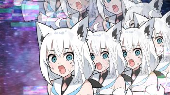 1girl ahoge animal_ear_fluff animal_ears black_bow blue_eyes bow detached_sleeves fox_ears fox_girl hair_bow highres hololive hood hoodie kumarang long_hair looking_at_viewer open_mouth shirakami_fubuki shirakami_fubuki_(1st_costume) sleeveless sleeveless_hoodie solo virtual_youtuber white_hair white_hoodie white_sleeves