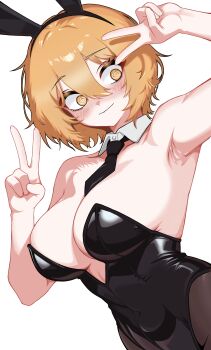 1girl @_@ animal_ear_hairband animal_ears arm_up armpits bare_arms bare_shoulders bejiteowasatangkiseu black_hairband black_leotard black_necktie blush breasts brown_eyes brown_hair brown_pantyhose closed_mouth collarbone commentary_request detached_collar don_quixote_(project_moon) double_v fake_animal_ears hair_between_eyes hairband hand_up highres korean_commentary large_breasts leotard limbus_company long_bangs looking_at_viewer necktie nose_blush pantyhose playboy_bunny project_moon rabbit_ear_hairband rabbit_ears short_hair simple_background solo strapless strapless_leotard upper_body v variant_set wavy_mouth white_background