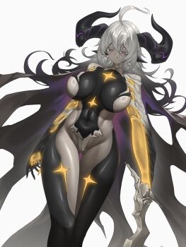 1girl absurdres ahoge animal_ears asymmetrical_arms black_hair breasts cape colored_eyelashes dark-skinned_female dark_skin ddknai demon_girl demon_horns goat_ears gradient_hair grey_hair hair_between_eyes highres horns large_breasts long_hair looking_at_viewer multicolored_hair original purple_eyes super_highleg torn_cape torn_clothes two-tone_hair