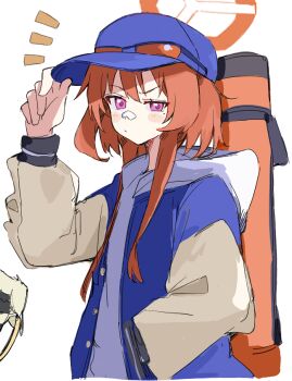 1girl bandaid bandaid_on_face bandaid_on_nose blue_archive blue_hat eyewear_on_headwear gauze_on_nose halo hat hood hoodie jacket letterman_jacket orange-tinted_eyewear orange_hair orange_halo pink_eyes rei_(blue_archive) solo sports_sunglasses sunglasses tinted_eyewear white_background white_hoodie youbi_(0ver_sd)