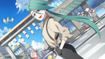 1girl :d alolan_form alolan_meowth androgynous black_gloves black_necktie black_pants botamochi_(exwelder) bright_pupils character_request collared_shirt earrings froslass gen_3_pokemon gen_4_pokemon gen_5_pokemon gen_6_pokemon gen_7_pokemon gloves green_hair hariyama jewelry long_hair looking_at_viewer necktie nintendo open_mouth outdoors pants pokemon pokemon_(creature) pokemon_sm pokemon_sv ponytail red_eyes reverse_trap rika_(pokemon) scraggy shirt sightseer_(pokemon) smile solo_focus standing suspenders triangle_earrings upper_body vivillon vivillon_(ocean) white_pupils yellow_shirt