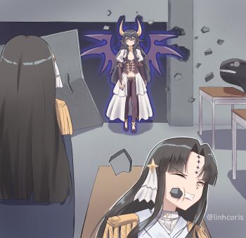 2girls absurdres ahoge bat_brooch black_hair breaking_through_wall breastless_clothes breasts broken_door broken_wall brooch closed_mouth collateral_damage corset crack cracked_wall cross cross-shaped_pupils cross_facial_mark cross_pasties doorway facial_mark fold-over_gloves gloves highres hiiragi_utena horns huge_horns indoors jewelry linhcoris long_hair looking_at_viewer lord_enorme lowleg lowleg_pants magia_baiser mahou_shoujo_ni_akogarete medium_breasts meme multiple_girls navel nokotan_entering_a_classroom_(meme) open_mouth pants pasties purple_corset scene_reference shikanoko_nokonoko_koshitantan showgirl_skirt shrug_(clothing) smile star_(symbol) star_facial_mark star_pasties strong symbol-shaped_pupils teeth white_shrug wings yellow_eyes yellow_horns