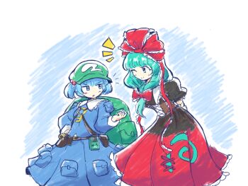 2girls arms_behind_back backpack bag blue_eyes blue_hair blue_shirt blue_skirt blush bow brown_dress closed_mouth collared_shirt commentary dress english_commentary frilled_bow frills green_bag green_eyes green_hair green_hat hair_bobbles hair_bow hair_ornament hat highres jewelry kagiyama_hina kawashiro_nitori key key_necklace long_hair long_sleeves multicolored_dress multiple_girls necklace notice_lines one_eye_closed open_mouth oysterfried puffy_short_sleeves puffy_sleeves red_bow red_dress shirt short_sleeves skirt smile touhou twintails two_side_up