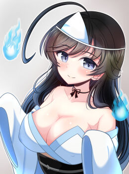 Rule 34 | 1girl, :p, ahoge, black choker, black eyes, black hair, breasts, choker, cleavage, closed mouth, commentary request, ghost, girls und panzer, girls und panzer senshadou daisakusen!, gratin (kumaisao), grey background, halloween, halloween costume, highres, hitodama, isuzu hana, japanese clothes, kimono, large breasts, long hair, long sleeves, looking at viewer, obi, off shoulder, official alternate costume, ribbon choker, sash, shiroshouzoku, simple background, sleeves past fingers, sleeves past wrists, smile, solo, tongue, tongue out, triangular headpiece, upper body, white kimono