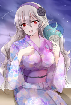 Rule 34 | 1girl, :d, alternate costume, black robe, blue kimono, breasts, cloud, cloudy sky, commentary request, female corrin (fire emblem), fire emblem, fire emblem fates, floral print, grey hair, hair between eyes, hairband, hand fan, hand on own chest, hands up, highres, holding, holding fan, japanese clothes, kimono, kirishima riona, large breasts, long hair, long sleeves, looking at viewer, night, nintendo, obi, open mouth, outdoors, paper fan, print kimono, purple hairband, purple kimono, red eyes, robe, sash, sitting, sky, smile, solo, star (sky), starry sky, transparent, uchiwa, very long hair, wide sleeves