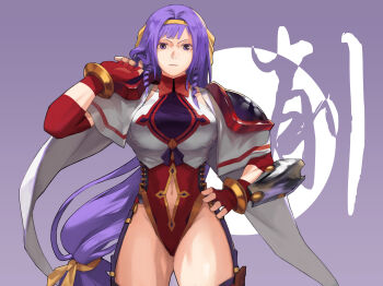 arm_armor armor boots bracelet breasts cape capelet character_request check_character chinese_commentary clothing_cutout collar collared_leotard commentary_request cowboy_shot detached_sleeves drill_hair drill_sidelocks fingerless_gloves firudo floating_hair garter_straps gloves gold_trim hair_intakes hairband hand_in_own_hair hand_on_own_hip highres jewelry large_breasts leotard long_hair looking_at_viewer low-tied_long_hair multicolored_leotard navel navel_cutout odisha_shelt purple_background purple_eyes purple_hair purple_leotard red_collar red_gloves red_leotard red_sleeves ribbon shoulder_armor sidelocks single_arm_armor standing straight-on thigh_boots thighs translation_request v-shaped_eyebrows very_long_hair white_cape white_capelet white_leotard wind_fantasy_(series) wind_fantasy_sp yellow_hairband yellow_ribbon