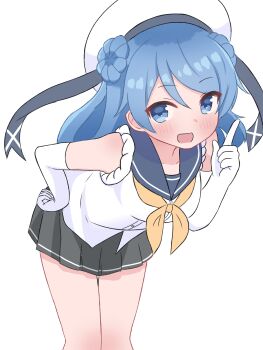 1girl blue_eyes blue_hair blush breasts commentary_request double_bun elbow_gloves gloves hair_bun hat highres kantai_collection long_hair looking_at_viewer matu_(matu19) medium_breasts neckerchief open_mouth sailor_hat school_uniform serafuku skirt smile solo urakaze_(kancolle) white_gloves white_hat yellow_neckerchief