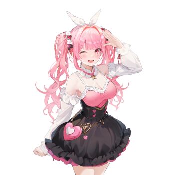 1girl ;d absurdres animal_ear_hairband animal_ears arm_up artist_request black_dress breasts chain cleavage cowboy_shot detached_collar detached_sleeves dress earrings fake_animal_ears flower_hairtie hairband heart heart-shaped_bag highres hoshimiya_kana jewelry large_breasts long_hair multicolored_dress official_art one_eye_closed open_mouth pink_dress pink_eyes pink_hair poker_fate rabbit_ear_hairband rabbit_ears red_ribbon ribbon salute sidelocks skindentation smile solo star_(symbol) star_earrings teeth transparent_background twintails upper_teeth_only white_sleeves