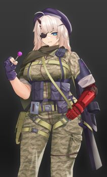 Rule 34 | aa-12, aa-12 (girls' frontline), automatic shotgun, beanie, blue eyes, camouflage, candy, cape, combat shotgun, cosplay, drum magazine, eyepatch, food, girls' frontline, gun, hat, high-capacity magazine, holding, holding candy, holding food, holding lollipop, horns, lollipop, magazine (weapon), metal gear (series), metal gear solid v: the phantom pain, military, military combat uniform, military uniform, prosthesis, prosthetic arm, samsam s2s, scar, scar on face, shotgun, single horn, venom snake, venom snake (cosplay), weapon