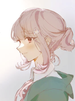 1girl alternate_hairstyle blush brown_eyes brown_hair cho_koko-kyu_no_washi closed_mouth collared_shirt commentary_request danganronpa_(series) danganronpa_2:_goodbye_despair hair_ornament highres hood hood_down nanami_chiaki neck_ribbon pink_ribbon profile ribbon shirt short_hair smile solo upper_body white_shirt