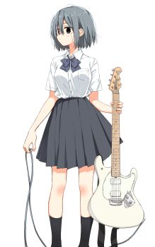 1girl black_eyes black_socks bob_cut bow electric_guitar grey_bow guitar hair_between_eyes highres holding holding_guitar holding_instrument instrument matsuda_hikari messy_hair music_man_stingray_(guitar) original pleated_skirt school_uniform shirt short_sleeves simple_background skirt socks solo standing white_background white_shirt