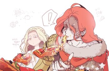 ! 1280x720 1boy 1girl blonde_hair braid brother_and_sister cape commentary_request crown_braid eating elden_ring eyelashes food fur-trimmed_cape fur_trim highres holding holding_food holding_pizza korean_commentary korean_text long_hair malenia_blade_of_miquella miquella_(elden_ring) pizza prosthesis prosthetic_arm raised_eyebrows red_cape red_hair scar siblings sparkle spoken_exclamation_mark star_(symbol) trap white_background