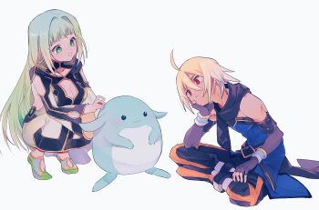 Rule 34 | 1boy, 1girl, :3, absurdres, ahoge, bare shoulders, black scarf, blonde hair, blue shirt, breasts, cleavage cutout, clothing cutout, creature, dress, emil castagnier, gloves, green dress, green eyes, green hair, green pants, hair intakes, head rest, highres, in-franchise crossover, indian style, kururu (tales), large breasts, long hair, looking at creature, martel (tales), nancykittyu, pants, red eyes, scarf, shirt, simple background, sitting, smile, squatting, tales of (series), tales of phantasia, tales of phantasia: narikiri dungeon, tales of symphonia, tales of symphonia: dawn of the new world, white background