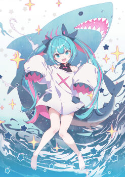 1girl 40hara aqua_eyes aqua_hair bare_legs bow bowtie commentary_request cowboy_shot fins fish_tail hair_between_eyes hair_ornament hatsune_miku highres knees_together_feet_apart long_hair looking_at_viewer miku_day multicolored_hair open_mouth oversized_clothes oversized_shirt pink_bow pink_bowtie pink_hair shark shark_girl shark_tail sharp_teeth shirt sleeves_past_fingers sleeves_past_wrists solo tail teeth twintails two-tone_hair very_long_hair vocaloid white_shirt wide_sleeves