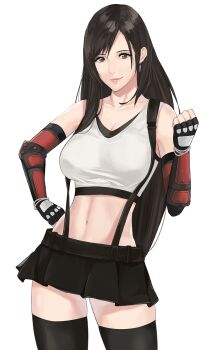1girl bare_shoulders black_skirt black_thighhighs breasts cleavage clenched_hand closed_mouth collarbone contrapposto cowboy_shot earrings elbow_gloves elbow_pads female_focus final_fantasy final_fantasy_vii final_fantasy_vii_remake fingerless_gloves gloves hand_on_own_hip highres j@ck jewelry large_breasts long_hair looking_at_viewer low-tied_long_hair microskirt midriff miniskirt navel pleated_skirt shirt simple_background skirt smile solo square_enix standing suspender_skirt suspenders tank_top taut_clothes taut_shirt thighhighs thighs tifa_lockhart very_long_hair white_background zettai_ryouiki