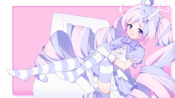 1girl :d absurdres ahoge anleewind armchair blue_archive border bow chair chest_bow commentary dress drill_hair earrings feet full_body gloves hair_ornament halo hands_on_own_knee highres jewelry knee_up layered_dress long_hair looking_at_viewer magical_girl multicolored_hair multicolored_thighhighs no_shoes official_alternate_costume official_alternate_hairstyle on_chair open_mouth pink_background pink_bow pink_hair pink_halo puffy_short_sleeves puffy_sleeves purple_bow purple_dress purple_eyes purple_hair purple_thighhighs reisa_(blue_archive) reisa_(magical)_(blue_archive) short_sleeves sitting sleeve_bow smile solo star_(symbol) star_earrings star_hair_ornament star_halo striped_clothes striped_thighhighs thighhighs twin_drills two-tone_hair two-tone_thighhighs very_long_hair white_border white_gloves white_thighhighs