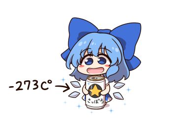 1girl arrow_(symbol) beer_can blue_bow blue_dress blue_eyes blue_hair blush_stickers bow can chibi cirno commentary_request dress drink_can hair_bow highres ice ice_wings open_mouth shitacemayo smile solo sparkle sparkling_aura touhou translated wings