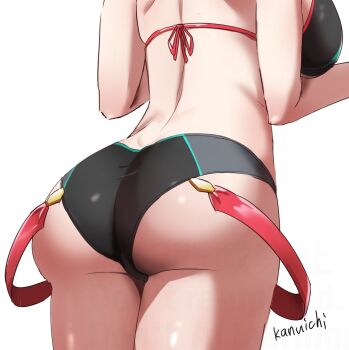 1girl artist_name ass ass_focus back bikini breasts kanuici336 large_breasts lower_body median_furrow pyra_(xenoblade) signature simple_background solo standing swimsuit twitter_username white_background xenoblade_chronicles_(series) xenoblade_chronicles_2