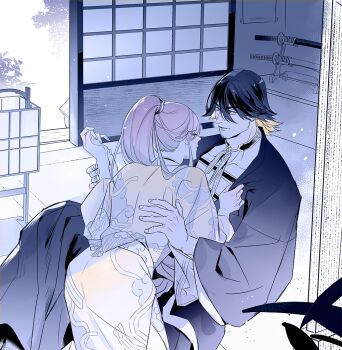 2boys commentary_request fingernails hachisuka_kotetsu hair_between_eyes holding_another&#039;s_wrist japanese_clothes kimono looking_at_another male_focus monochrome multiple_boys nagasone_kotetsu ncww_rinichi orange_eyes parted_lips ponytail short_hair sword touken_ranbu weapon wide_sleeves yaoi