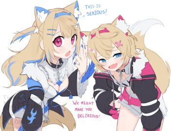 2girls :d :o animal_ear_fluff animal_ears bandaid bandaid_hair_ornament black_collar black_jacket blonde_hair blue_eyes blue_hair blue_hairband blue_nails breasts chain collar commentary cropped_jacket cropped_shirt dog_ears dog_girl dog_tail drawstring dress english_commentary english_text extra_ears fang fur-trimmed_jacket fur_trim fuwawa_abyssgard fuwawa_abyssgard_(1st_costume) grin hair_between_eyes hair_ornament hairband hairclip hololive hololive_english jacket large_breasts leaning_forward long_hair long_sleeves looking_at_viewer mococo_abyssgard mococo_abyssgard_(1st_costume) multicolored_hair multiple_girls nail_polish open_mouth pink_eyes pink_hair puffy_long_sleeves puffy_sleeves short_hair short_shorts shorts siblings simple_background sisters skin_fang small_breasts smile streaked_hair tail twins two_side_up virtual_youtuber watermark white_background white_dress white_shorts x_hair_ornament yoako