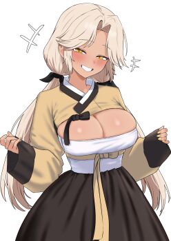 1girl absurdres arch_mage_(fire/poison)_(maplestory) arch_mage_(maplestory) blonde_hair blush breasts commentary cropped_shirt curtained_hair grin hanbok high-waist_skirt highres korean_clothes korean_commentary large_breasts long_hair long_sleeves looking_at_viewer maplestory oldsickkim simple_background skirt smile solo twintails very_long_hair white_background