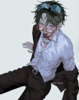 Rule 34 | 1boy, belt, black belt, black jacket, black pants, chain, chain necklace, clothes down, collared shirt, fang, glasses, gnosia, goggles, goggles on head, gold chain, green eyes, green hair, highres, jacket, jewelry, leotab12, lipstick mark, lipstick mark on chest, lipstick mark on face, long sleeves, looking at viewer, male focus, midriff peek, necklace, off shoulder, one eye closed, open clothes, open mouth, open shirt, pants, sha-ming, shirt, short hair, simple background, sitting, solo, tongue, tongue out, too many lipstick marks, tooth necklace, twitter username, white background, white shirt