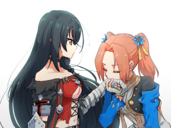 2girls azuma_yukihiko bandaged_arm bandages black_hair braid breasts closed_eyes closed_mouth collarbone commentary_request eleanor_hume fingerless_gloves gloves highres holding_hands kiss kissing_hand long_hair long_sleeves looking_at_another multiple_girls navel red_hair tales_of_(series) tales_of_berseria torn_clothes twintails underboob upper_body velvet_crowe very_long_hair white_background yellow_eyes yuri