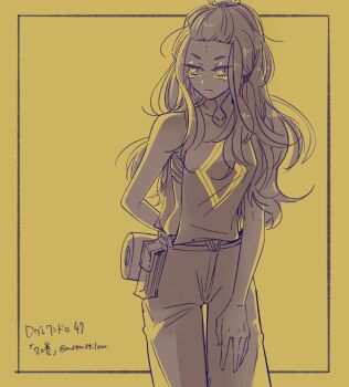 1girl bare_shoulders belt bindi collarbone colored_shadow d.gray-man facepaint hair_ribbon hand_on_own_thigh highres kozuuu long_hair looking_to_the_side pants ribbon sarashi scowl shadow shirt sleeveless sleeveless_shirt solo tewaku_(d.gray-man) yellow_background