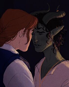 2boys arcanegold back beard_stubble black_background black_hair blue_vest braid braided_ponytail closed_eyes collared_shirt commentary curled_horns curly_hair demon_boy demon_horns dungeons_&amp;_dragons ear_piercing english_commentary eyelashes facial_hair fantasy film_grain forehead-to-forehead freckles gold_necklace gold_piercing heads_together highres horn_ornament horn_ring horns jewelry long_hair multiple_boys necklace non-web_source orange_hair original parted_lips piercing pointy_ears raised_inner_eyebrows renaer_neverember_(arcanegold) ring_piercing shirt short_hair sideburns_stubble sidelighting sketch stubble teeth thick_eyebrows tiefling upper_body vest vincent_obra_(arcanegold) white_shirt yaoi