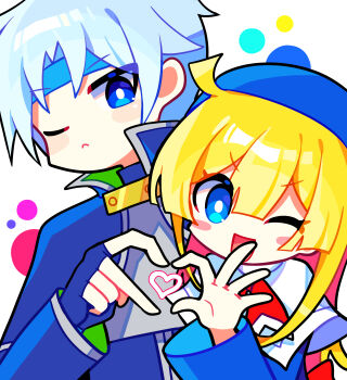 Rule 34 | 1boy, 1girl, absurdres, blonde hair, blue eyes, blue gloves, blush, bright pupils, closed mouth, commentary, fingerless gloves, gloves, grey hair, headband, heart, heart hands, heart hands duo, highres, korean commentary, long hair, long sleeves, looking at viewer, offbeat, one eye closed, open mouth, puyopuyo, schezo wegey, short hair, smile, white pupils, witch (puyopuyo)