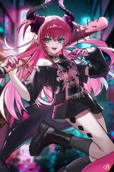 1girl absurdres black_boots black_shirt blue_eyes boots bracelet breasts choker commentary_request curled_horns dragon_horns dragon_tail earrings elizabeth_bathory_(fate) elizabeth_bathory_(perfect)_(fate) elizabeth_bathory_(perfect)_(first_ascension)_(fate) fate/grand_order fate_(series) hair_ribbon highres horns jewelry jiajiayu long_hair looking_at_viewer off_shoulder open_mouth pink_hair pointy_ears ribbon shirt short_sleeves small_breasts smile solo spiked_bat tail thigh_strap two_side_up