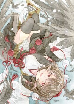 1girl bird black_hair black_sash black_thighhighs black_trim commentary_request crow detached_sleeves falling_feathers feathered_wings feathers floating full_body hat highres japanese_clothes kimono kisarush kourindou_tengu_costume leaf_print legs_up long_sleeves looking_at_viewer maple_leaf_print obi obijime open_mouth outdoors outstretched_arms painting_(medium) pelvic_curtain pointy_ears red_eyes red_ribbon ribbon ribbon-trimmed_sleeves ribbon_trim sash shameimaru_aya short_hair side_slit smile solo spread_arms teeth thighhighs tokin_hat touhou traditional_media twisted_torso upper_teeth_only upside-down water watercolor_(medium) watermark white_kimono white_sleeves wide_sleeves wings