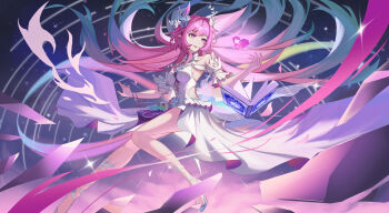 1girl absurdres bare_shoulders blue_flower blue_hair blue_rose breasts commentary cyrene_(honkai:_star_rail) cyrene_(ripples_of_past_reverie)_(honkai:_star_rail) diamond-shaped_pupils diamond_(shape) dress flower full_body gradient_hair hair_flower hair_ornament hand_up heart highres honkai:_star_rail honkai_(series) jiang_wu_(user_wewj7328) medium_breasts multicolored_hair parted_lips pink_hair pointy_ears purple_eyes rose smile solo symbol-shaped_pupils white_dress