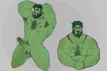 1boy abs armpit_hair armpits arms_behind_head bara beard black_hair collage colored_skin completely_nude connected_beard cropped_legs cropped_torso cum cumdrip erection facial_hair full_beard green_skin hairy highres large_pectorals looking_at_viewer male_focus male_pubic_hair mature_male monster_boy muscular muscular_male navel nipples nude one_eye_closed orc pectorals penis pointy_ears pubic_hair ryder_(fares0teb) scar scar_on_face scar_on_forehead seductive_smile short_hair smile smoke_(fares0teb) sparkle sparse_chest_hair stomach tattoo thick_arm_hair thick_beard thick_navel_hair thick_testicle_hair thighs tribal_tattoo tusk_ring tusks uncensored