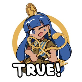 1girl avian_zebra blue_eyes blue_hair blunt_bangs brown_shirt brown_shorts clothes_writing collared_shirt commentary earrings english_commentary facial_mark hair_ornament highres holding jewelry key_earrings long_hair looking_at_viewer michigami_nareko one_eye_closed open_mouth shirt short_sleeves shorts solo touhou triangle triangle_facial_mark