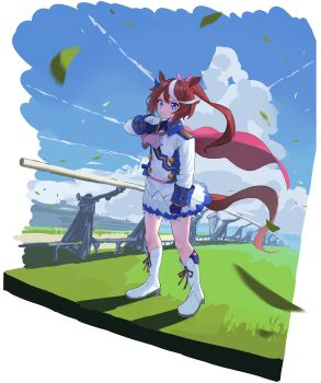 Rule 34 | 1girl, absurdres, animal ears, ascot, asymmetrical gloves, black gloves, blue eyes, blue sky, blush, boots, bow, brown hair, buttons, cape, cloud, commentary request, double-breasted, ear bow, ear ribbon, epaulettes, gloves, grass, high ponytail, highres, horse ears, horse girl, horse tail, jacket, long hair, long sleeves, mismatched gloves, multicolored hair, multicolored jacket, outdoors, pink ascot, ponytail, red cape, single epaulette, skirt, sky, solo, streaked hair, tail, tokai teio (peak joy) (umamusume), tokai teio (umamusume), two-tone hair, two-tone jacket, two-tone skirt, umamusume, user vscy2738, white boots, white gloves, white hair, white jacket, white skirt, wind
